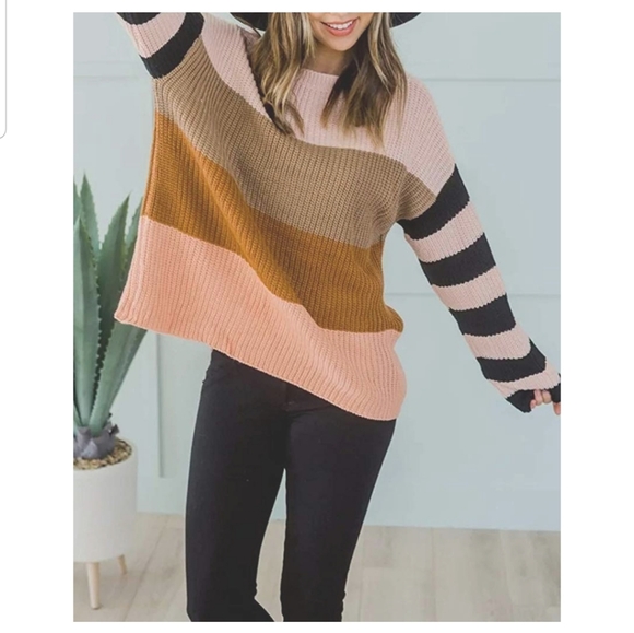 Oversized Crew Color Block Knit Pullover Sweater - Picture 2 of 6